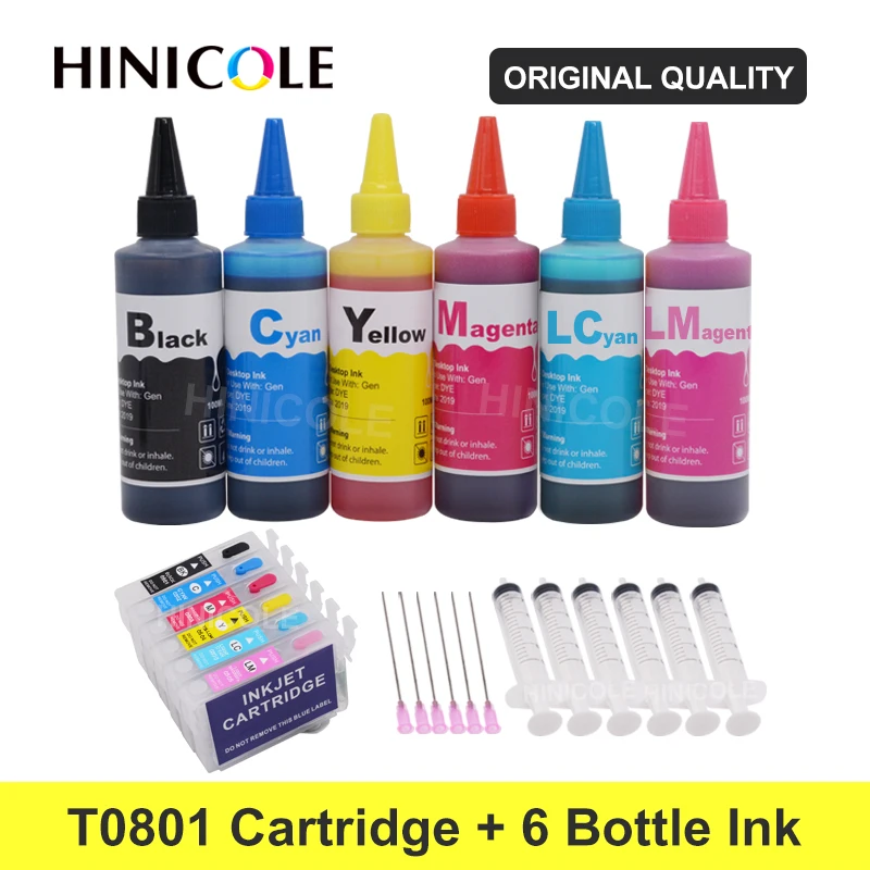 HINICOLE 6 Colorant de Culoare Cartuș de Cerneală Pentru Epson T0801 XL Stylus Photo P50 T59 R265 270 285 290 360 Printer + Sticla de Cerneală Kituri de 600ml