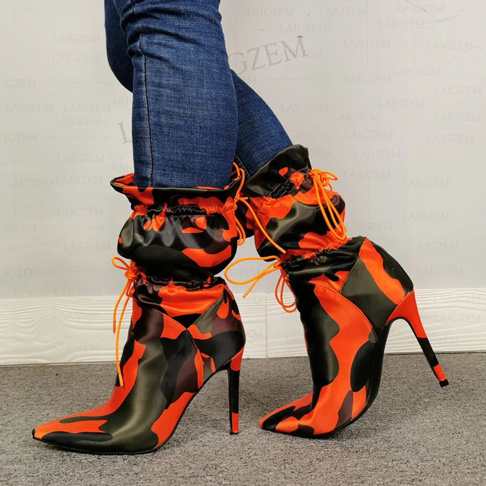 SEIIHEM Femei Cizme de Vițel Subțire Tocuri Ascuțite Toe Dantela-Up Cizme de Camuflaj Doamnelor Pantofi de Femeie Zapatos Mujer de Mari Dimensiuni 41 43 47