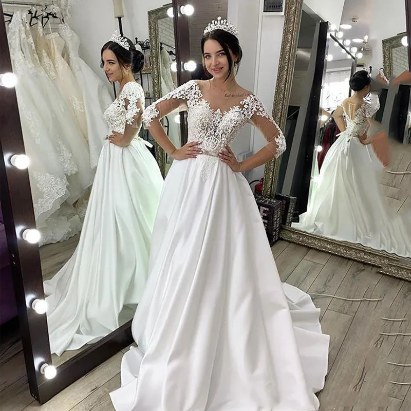 Satin Rochii de mireasă Jumătate Maneca Dantela rochiei de Mireasa Cu Aplicatii de Nunta Rochie de Vestido de novia 2020 Corset Nunta Gownss