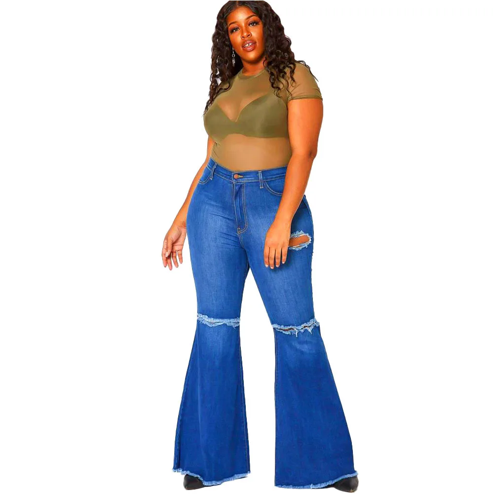 Femeii Plus Dimensiunea Rupt Flare Jeans Elastic Talie Înaltă, evazați Denim Pantaloni XL-5XL
