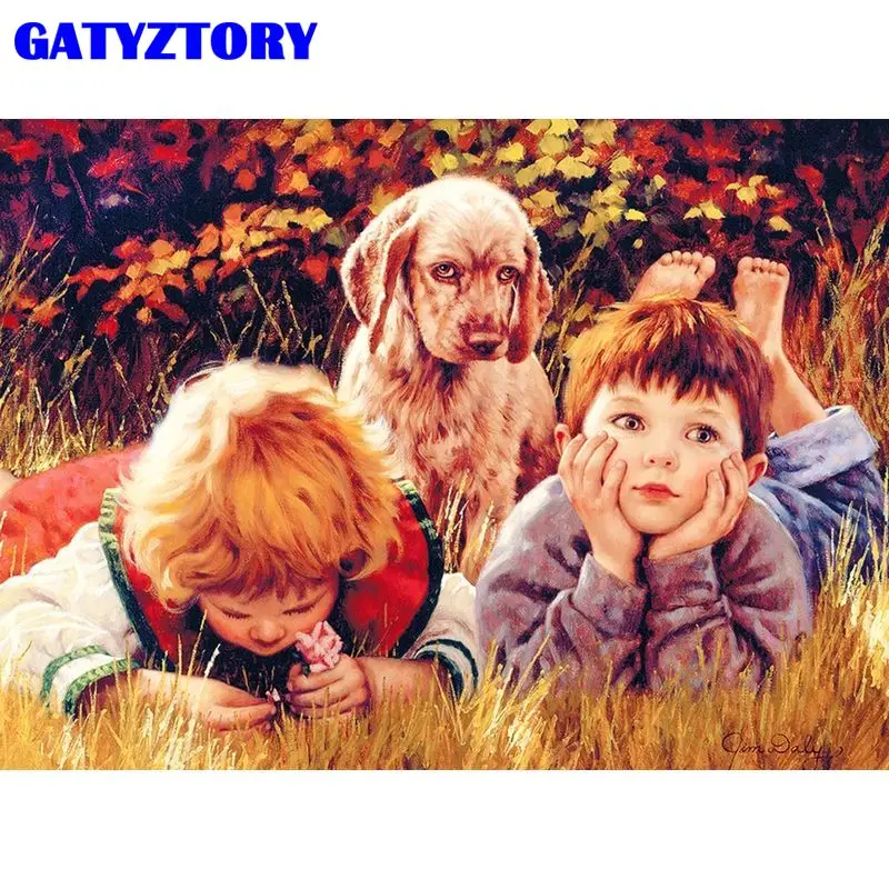 GATYZTORY Băiat Și Câinele Pictura De Numere Sala de Diy Arta de Perete Imagini De Număr Cadru de Lemn Pentru Adulți Acasă Decorare 50x40cm