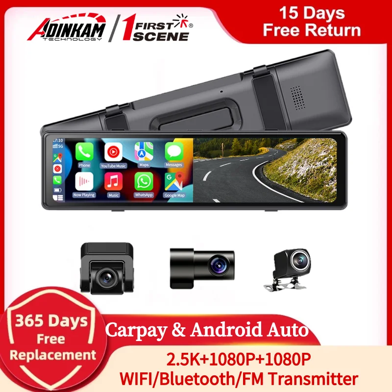 11.88 Inch Canal 3 Camere Dash Cam 2.5 K Video Recorder Portabil Wireless Carplay si Android Auto Car Black Box cu WIFI, GPS, FM