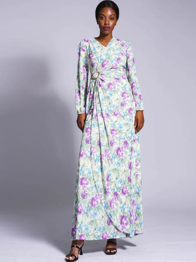 Halat Din Africa Maxi Rochie Femei V-Neck Lungime De Glezna Vestidos Africa De Îmbrăcăminte Imprimeu Floral Moda Bazin Riche Lung Africa De Îmbrăcăminte