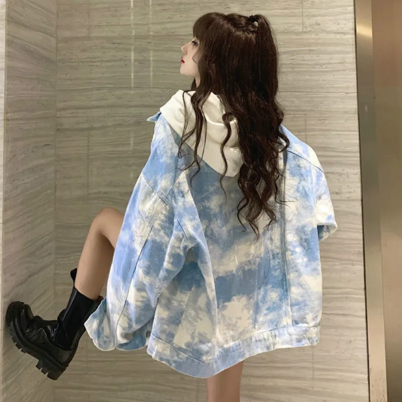 Singur Buton Rândul Său Guler Dulce Vrac Stil Preppy Femei Jachete De Bază Tie Dye-Coreean De Marfă Denim Toamna De Moda De Îmbrăcăminte Exterioară Ins