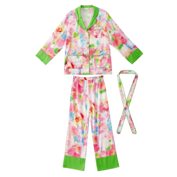 Primavara-Vara pentru Femei Pijamale Seturi de 2 BUC Print Costum Guler Sleepwear Costum Cu Centura de Lenjerie Intima Pijamale Largi Acasă Pijamale