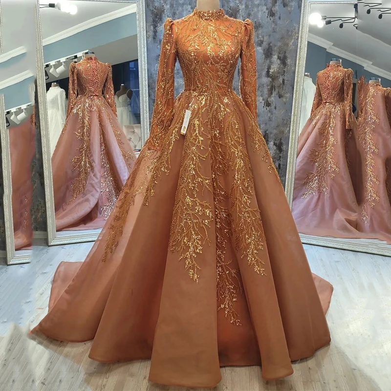 Aur de lux arabă Rochie de Seara cu Capul Maneca cu Margele de Cristal Dubai Femei Prom Rochii Formale pentru Oaspete de Nunta, Rochii de Petrecere