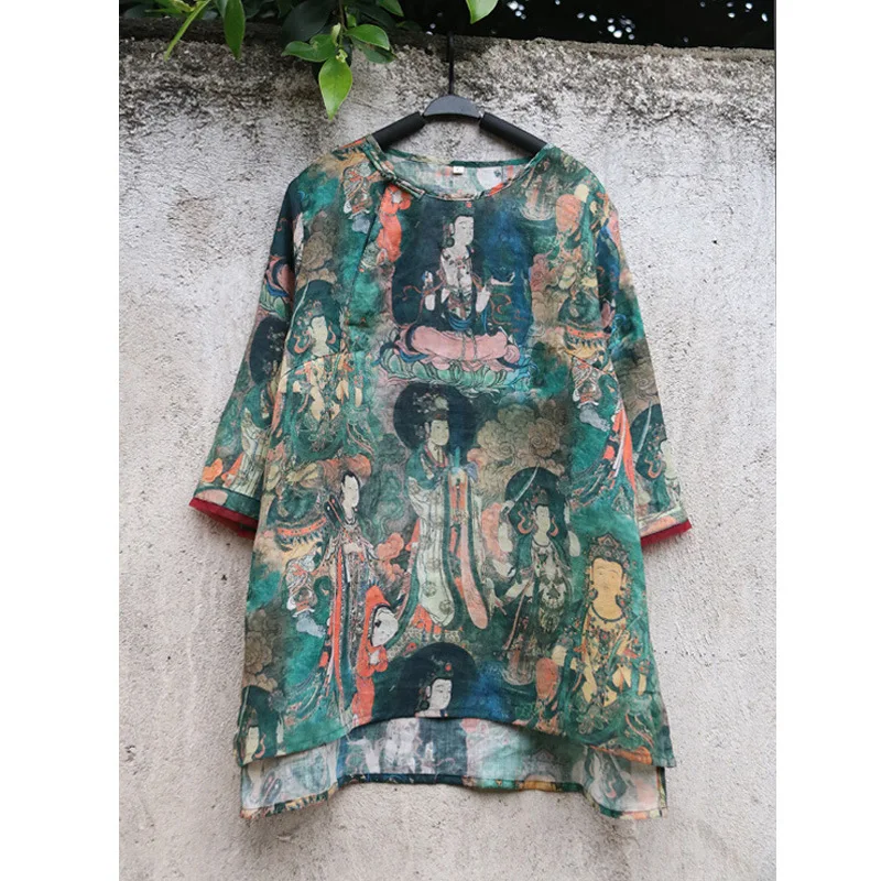 Pur Ramie Tipar Digital Buddha Stil Chinezesc Zen Literare Catarama Top T-Shirt Bluza