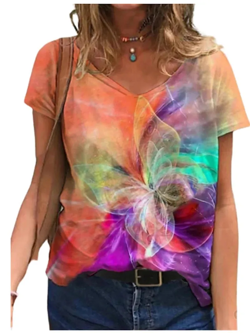 Tricou femeie de moda de vara tricou cu print floral fluture tricou V-neck fluture de imprimare tricou de mari dimensiuni