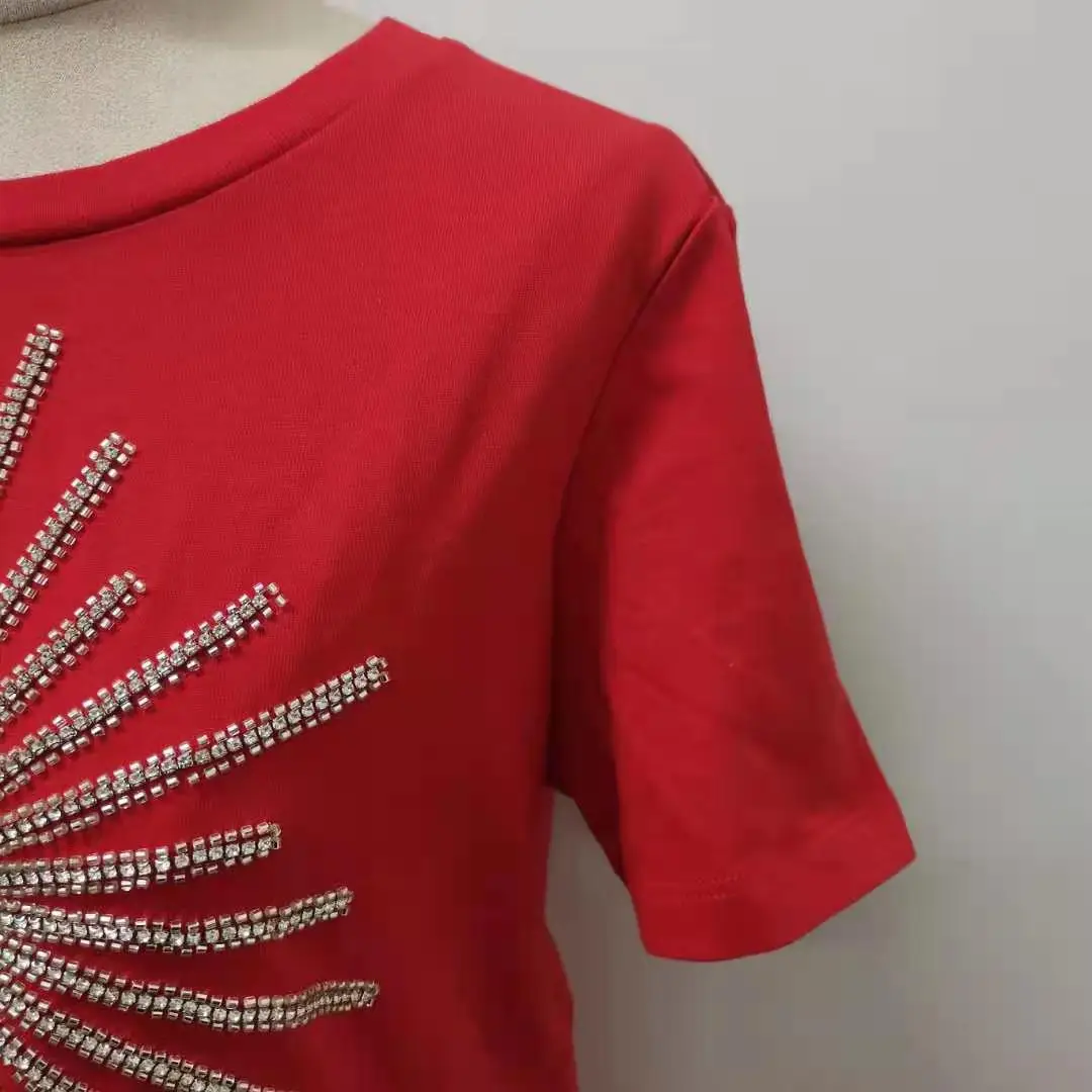 Femeile Ștrasuri Din Mărgele Roșii De Bumbac Tricou O-Gât Vrac 2021 Primavara-Vara Cu Maneci Femei T-Shirt