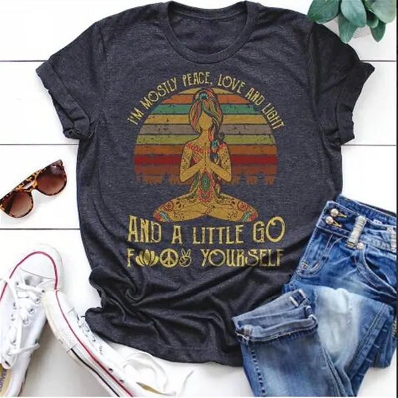 Moda de vara sunt cea mai mare parte de Pace de Imprimare Femei T-shirt Culoare Solidă Namaste Mama Tipărite Amestec de Bumbac cu Maneci Scurte Tee Vrac