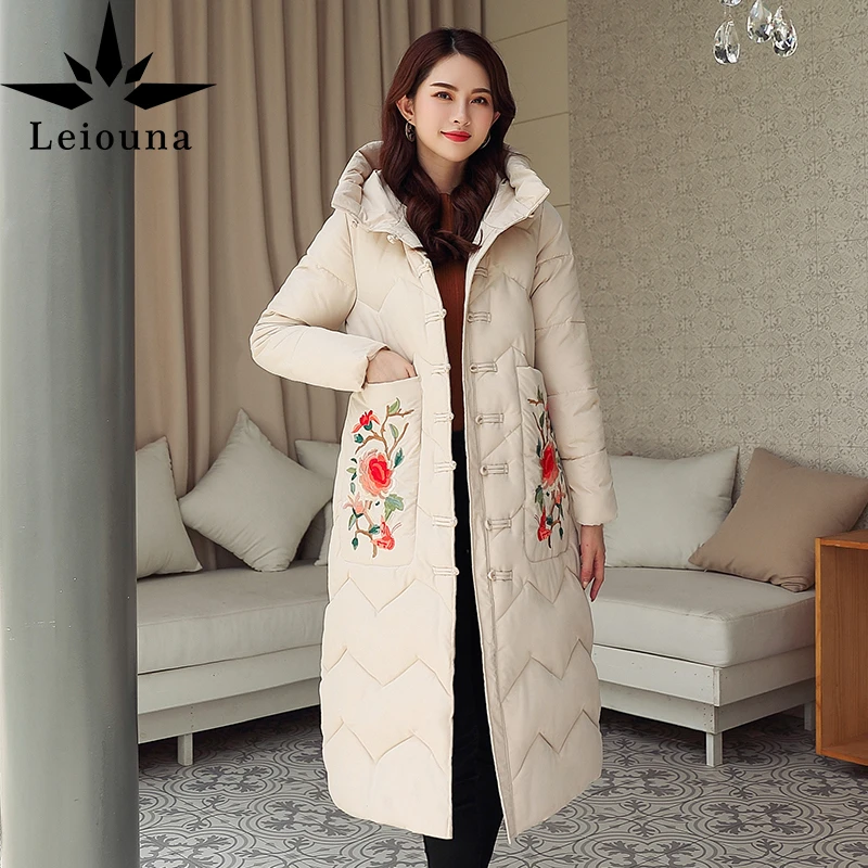 leiouna Plus Dimensiune Îngroșa Broderie Lungă, Jachete de Moda pentru Femei Haina de Iarna Cald Elegant Bumbac Sacou Captusit Uza Hanorac