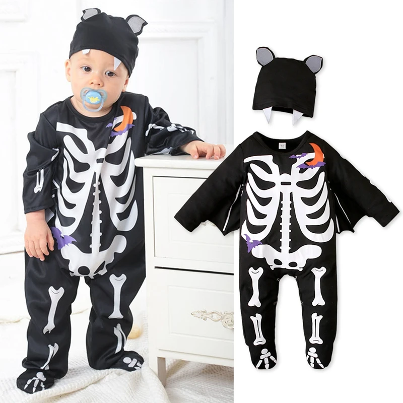 2 buc Copilul Costum de Halloween Schelet de Imprimare Batwing Maneca cu Picioare Romper + Hat pentru copii Fete Băieți 3-24 Luni