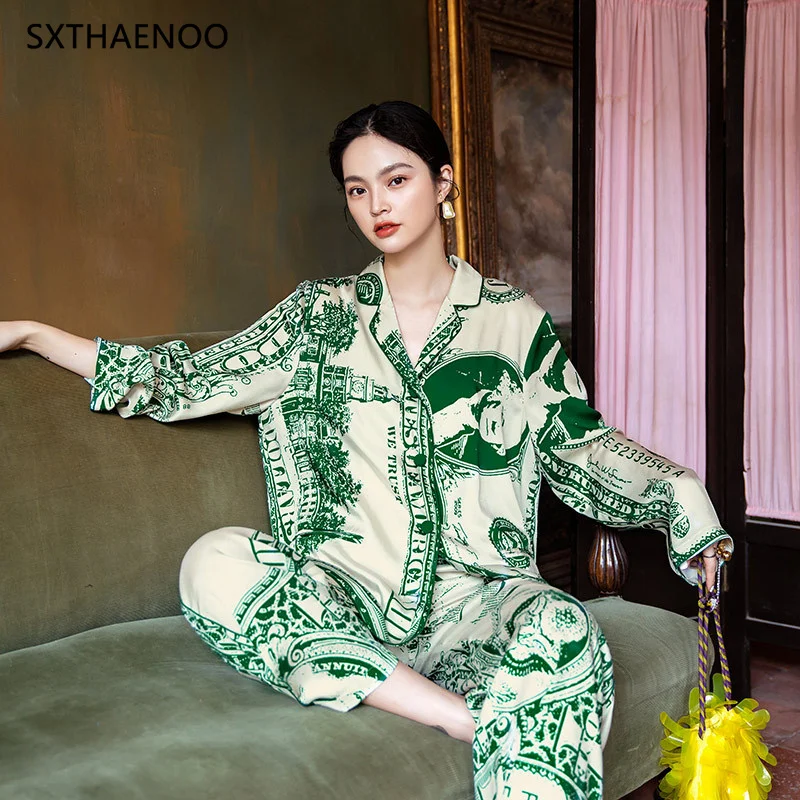 SXTHAENOO New Silk Satin Imprimat Pijamale Sleepwear Set Body Pentru Femei 2 Piese Lungi Sleeeve Pijama Plus Dimensiune Homewear