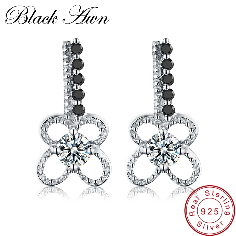 [BLACK DAWN] 1.8 g, Argint 925 Bijuterii la Modă Negru Spinel Nunta de Flori Cercei pentru Femei T081
