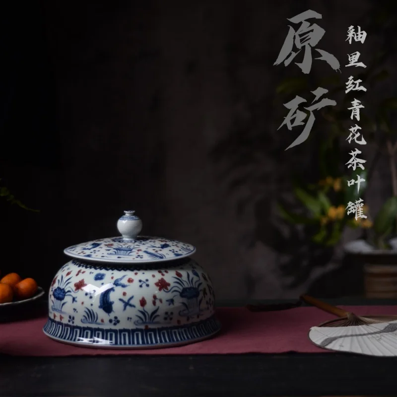 Jingdezhen de Mână Vopsit în Albastru și Alb Geamuri Roșie, Pește și Alge Model de Ceai Imitație Ming Xuande Zen Decor din Ceramică Ch
