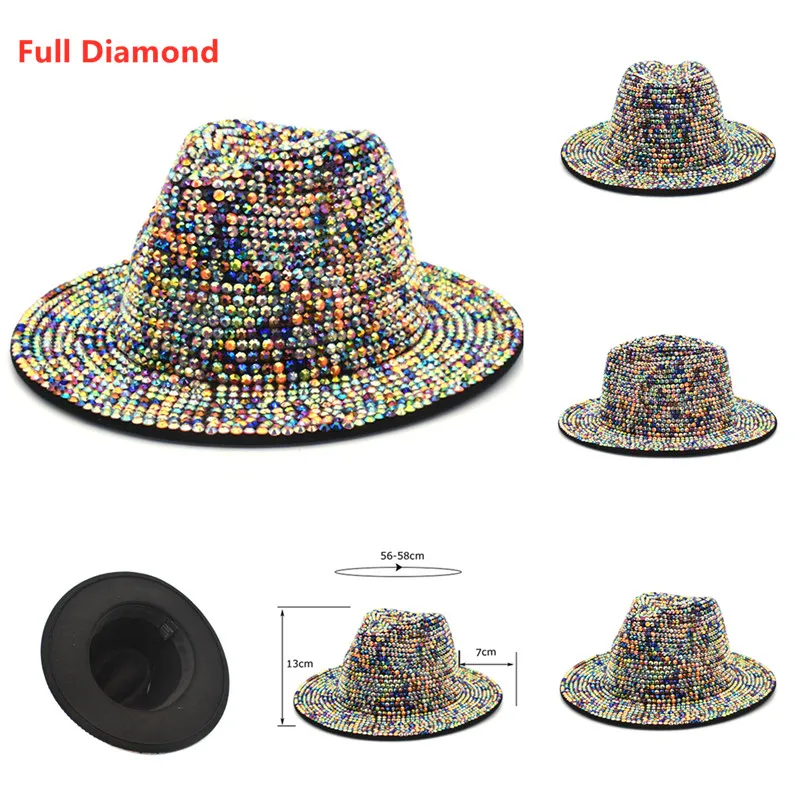 Diamant complet Reglabil Fedora Pălărie Bling Stras Panama Femei Bărbați Margine Largă Simțit Jazz Pălării cu ridicata Vara Iarna