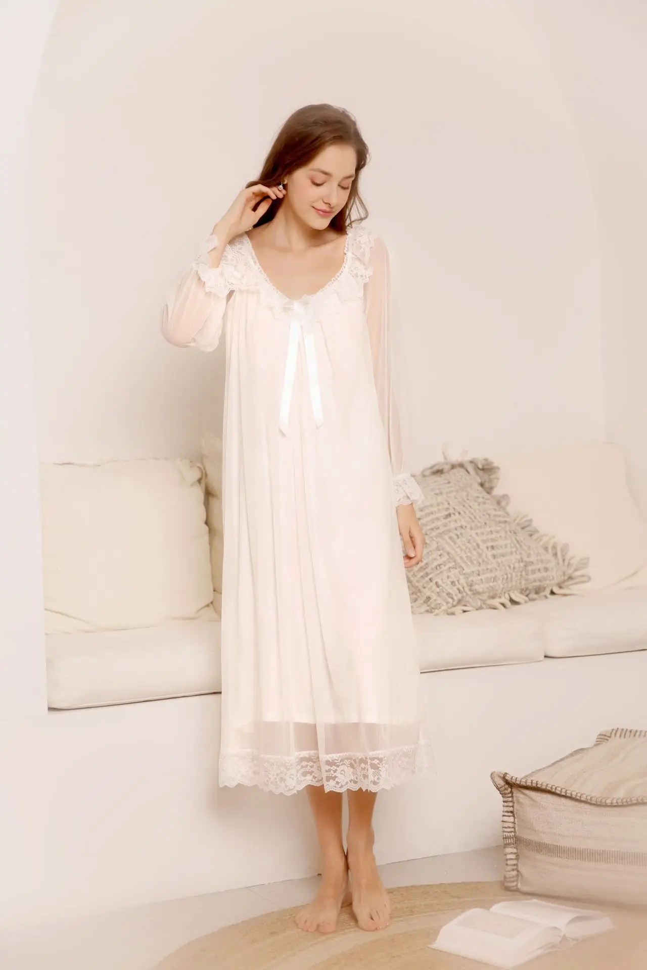 2021 Primăvara și Vara Arc Nou cămașă de noapte Albă de Dantelă Liber Confortabil Dulce pentru Femei Haine de Acasă Rochie de Noapte Femei Sexy