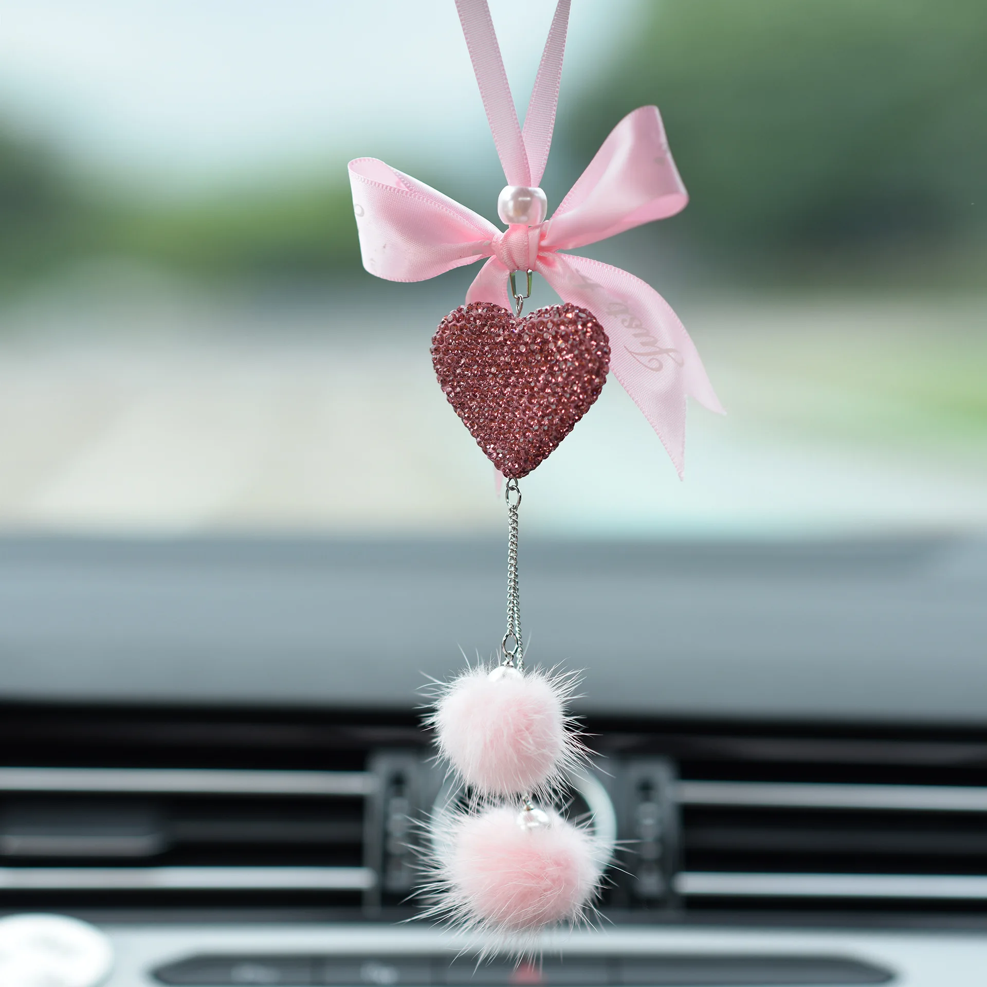 Decor Masina Pandantiv Bowknot Pene Auto Oglinda Retrovizoare Ornamente Suspendate Interior Inima Bling Pink Accesorii Femei Cadouri