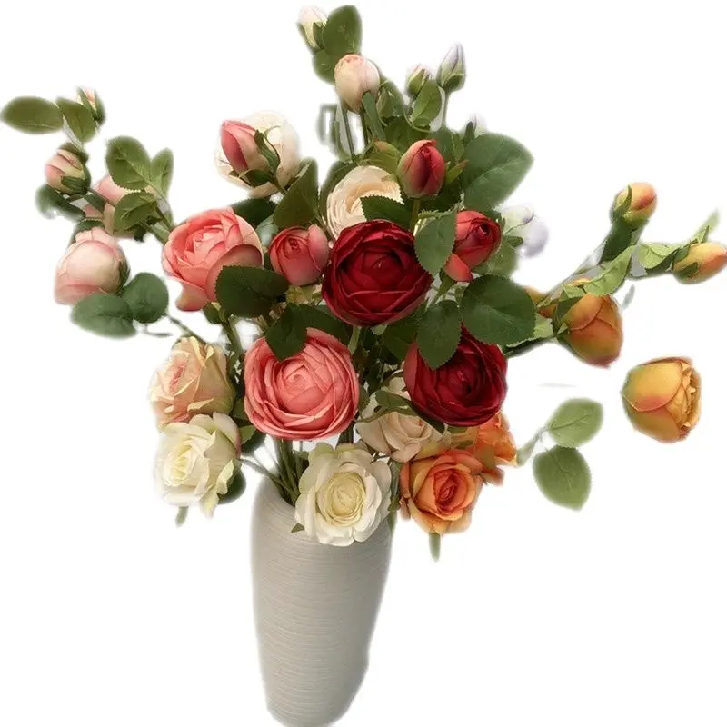 UN Faux Ceai de Flori de Trandafir Filiala 4 Capete de Mătase Rotund Camellia Stem pentru Florale Nunta Acasă Decorative, Flori Artificiale