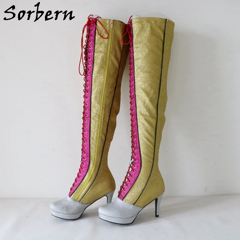 Sorbern Colorat Sclipici Coapsei Cizme Femei Pantofi Cu Toc Înalt Personalizate Largă De Vițel Se Potrivesc Ax Lungime Peste Genunchi Doamnelor Cizme