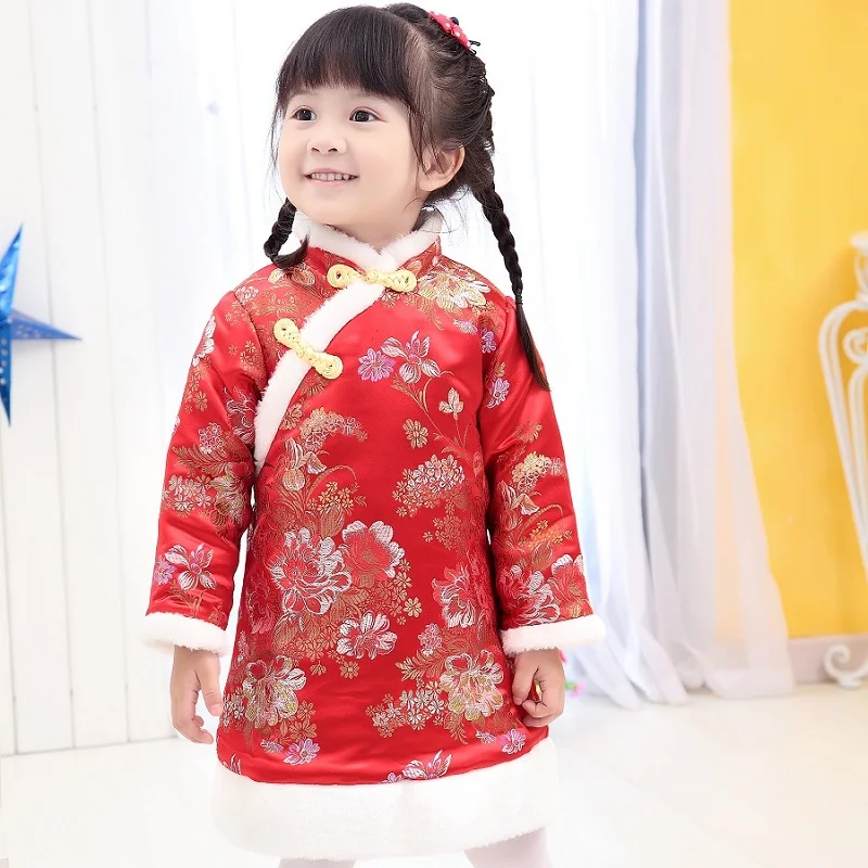 Iarna Chidren Fata Jachete Matlasate China Tradițională Qipao Tang Rochie Costum De Anul Nou