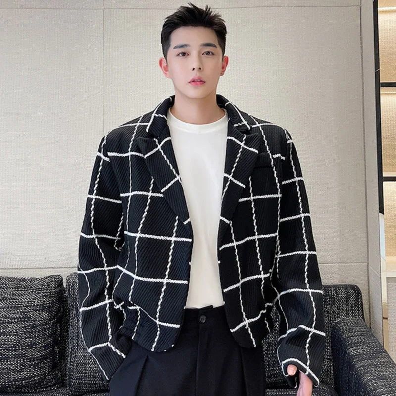 Bărbați coreea Style Moda Chic Carouri Tweed Sacou Masculin Noi Vrac Rever Maneca Lunga Epocă Haină Scurtă de Primăvară de Iarnă 2022